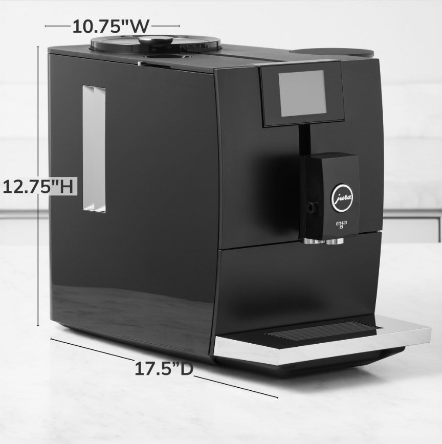 Black coffee machine with dimensions labeled on a white background