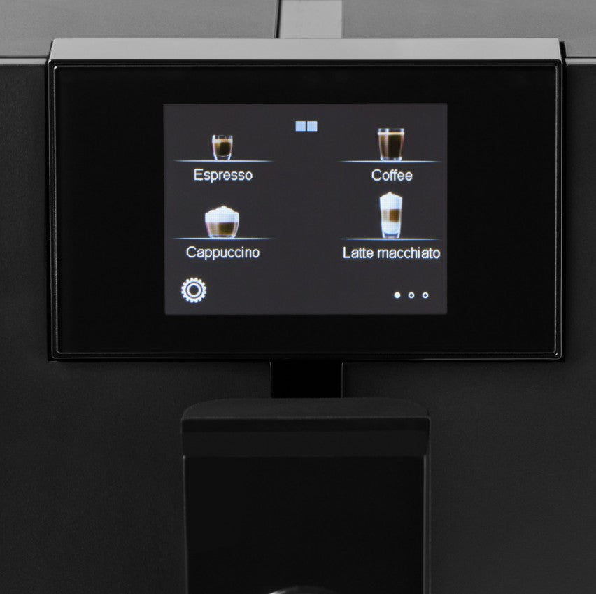 Touchscreen display on a coffee machine with coffee type options.