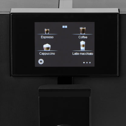 Touchscreen display on a coffee machine with coffee type options.