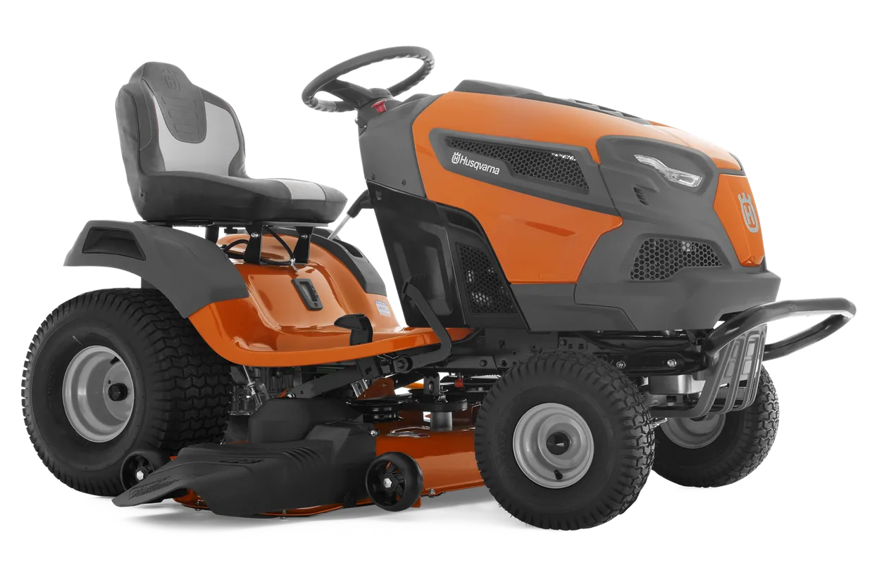 Orange and black riding lawn mower on a white background