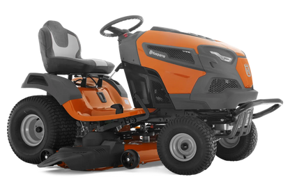 Orange and black riding lawn mower on a white background