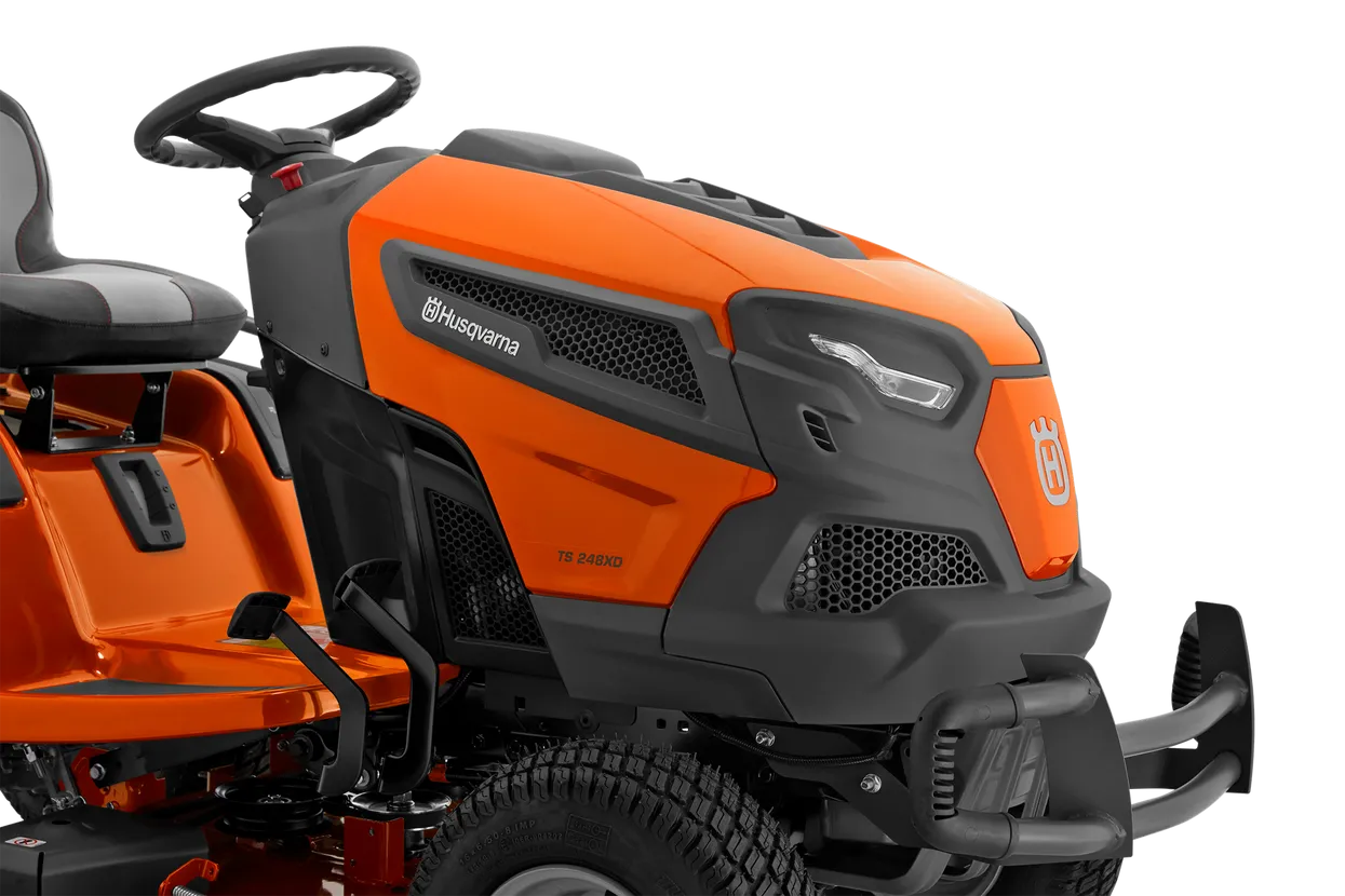 Orange and black Husqvarna riding lawn mower on a white background