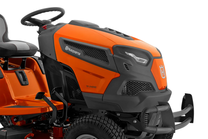 Orange and black Husqvarna riding lawn mower on a white background