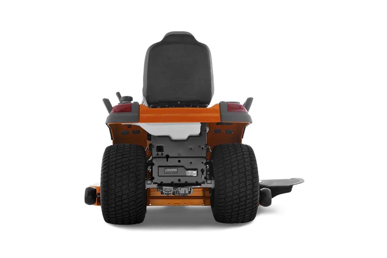 Back view of a riding lawn mower on a white background