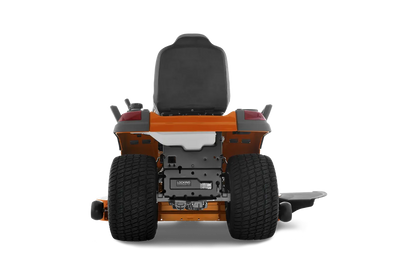 Back view of a riding lawn mower on a white background