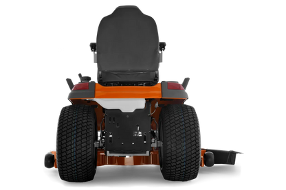 Back view of a riding lawn mower on a white background