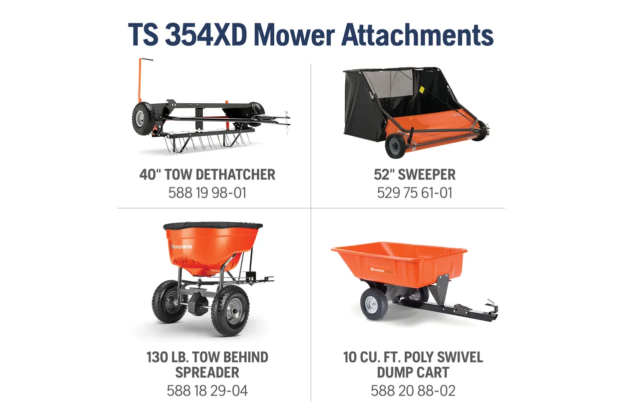 TS 354XD Mower Attachments with product images and specifications on a white background